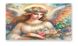 cuadro ángel con alas multicolor y flores en lienzo