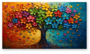cuadro árbol de flores multicolor con mariposas en lienzo