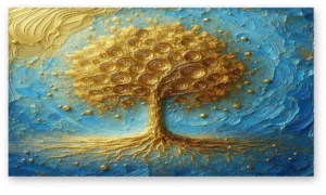 cuadro árbol decorativo dorado en tonos azules