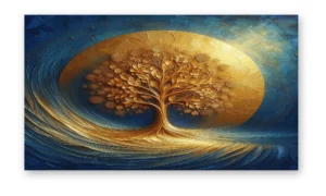 cuadro árbol de la vida dorado fondo azul en lienzo