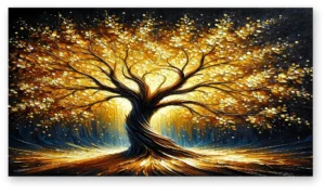 cuadro árbol dorado brillante fondo oscuro en lienzo