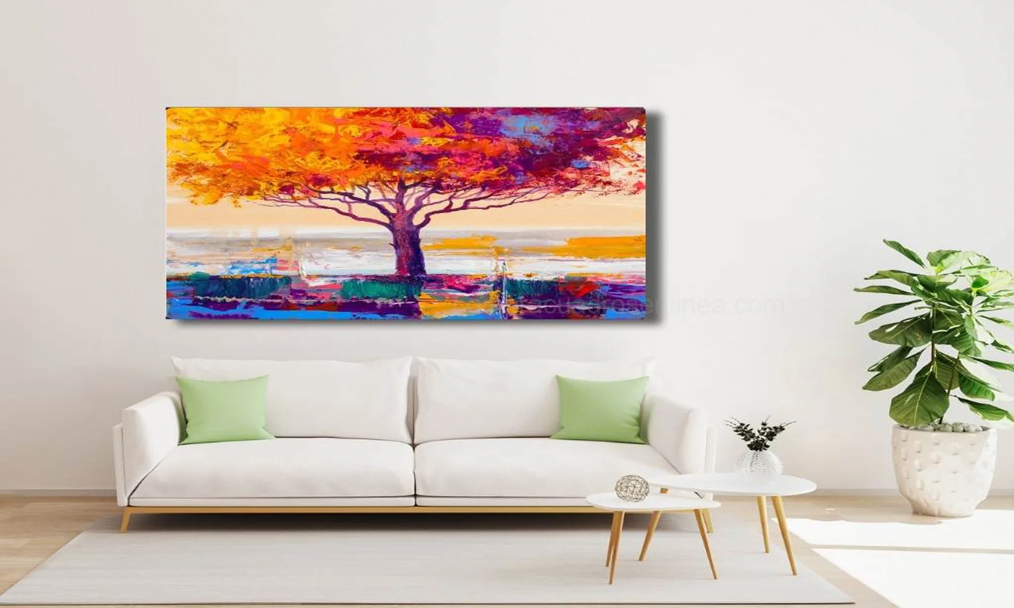 Cuadro Árbol Expresionista Colores Vivos – Mockup Ambiente cuadro árbol expresionista en sala mockup