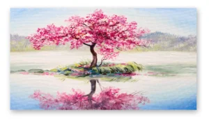 Cuadro árbol sakura rosado con reflejo en lienzo decorativo