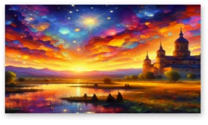 Cuadro atardecer dorado junto a la catedral sublimado sobre lienzo