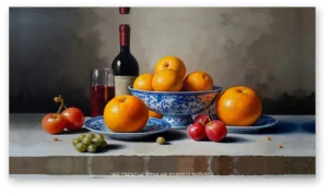 Bodegón naranjas y vino en lienzo