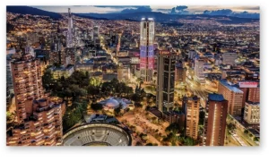 Bogotá nocturna panorámica ciudad luces en lienzo