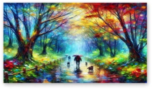 Bosque lluvia impresionista tonos azules y verdes en lienzo