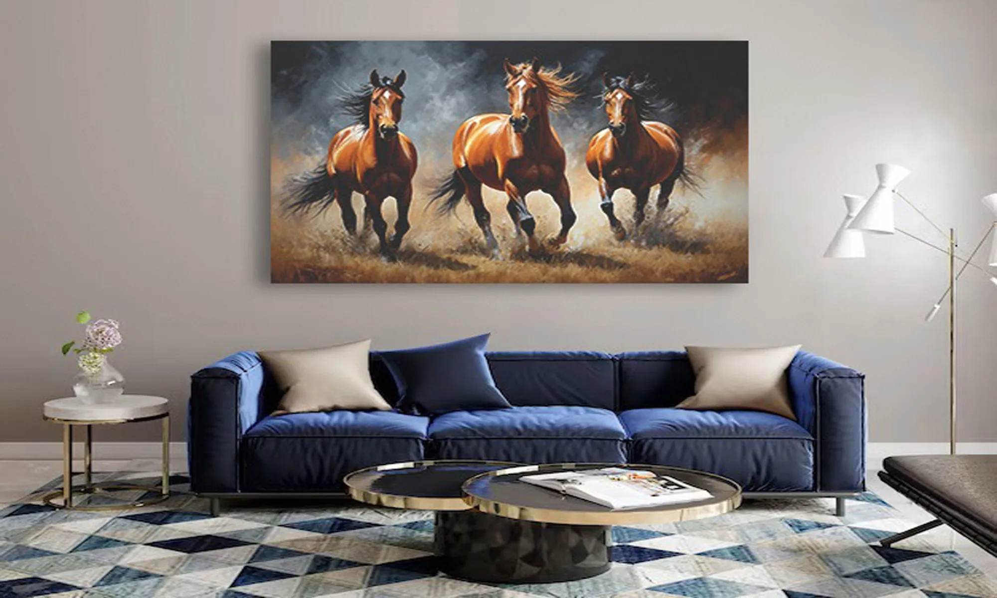 Cuadro caballos galopando arte realista movimiento en lienzo – Mockup ambiente Mockup cuadro caballos galopando en sala