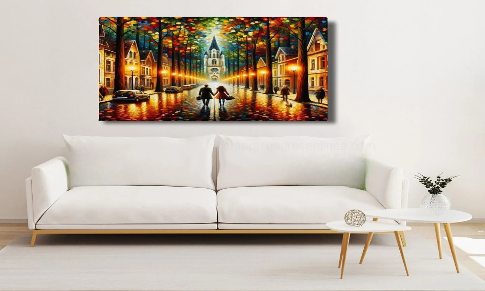 Cuadro calle nocturna otoño luces cálidas pareja en lienzo – Mockup ambiente Mockup cuadro calle nocturna luces cálidas en sala