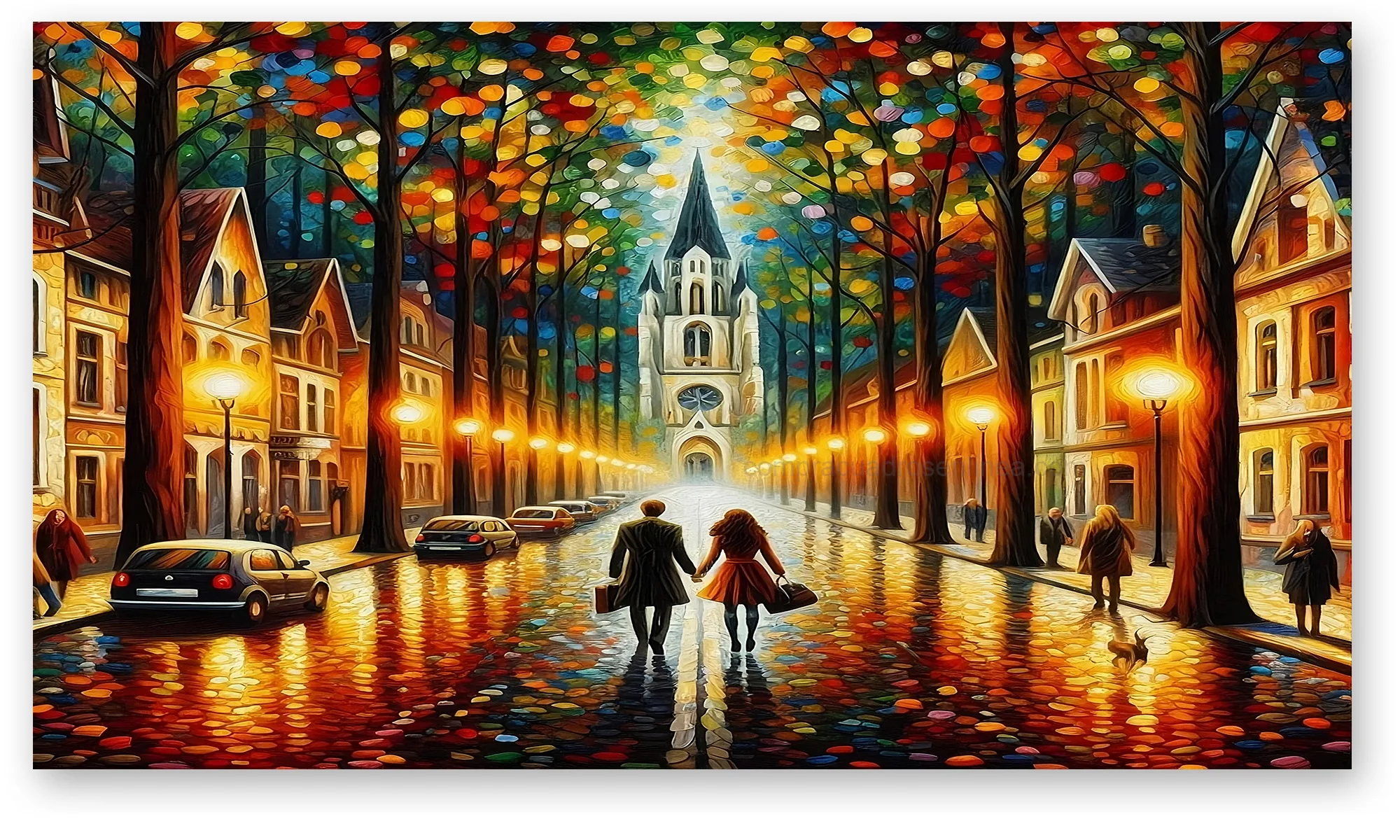 Cuadro calle nocturna otoño luces cálidas pareja en lienzo Calle nocturna otoño luces cálidas pareja en lienzo