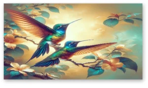 Cuadro de colibríes en rama con flores amarillas y luz cálida en lienzo