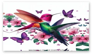 Cuadro de colibríes y mariposas sobre flores rosas, estilo delicado en lienzo