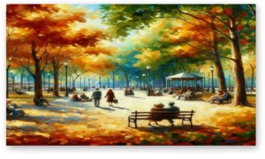 Cuadro domingo en el parque con escena impresionista de otoño en lienzo