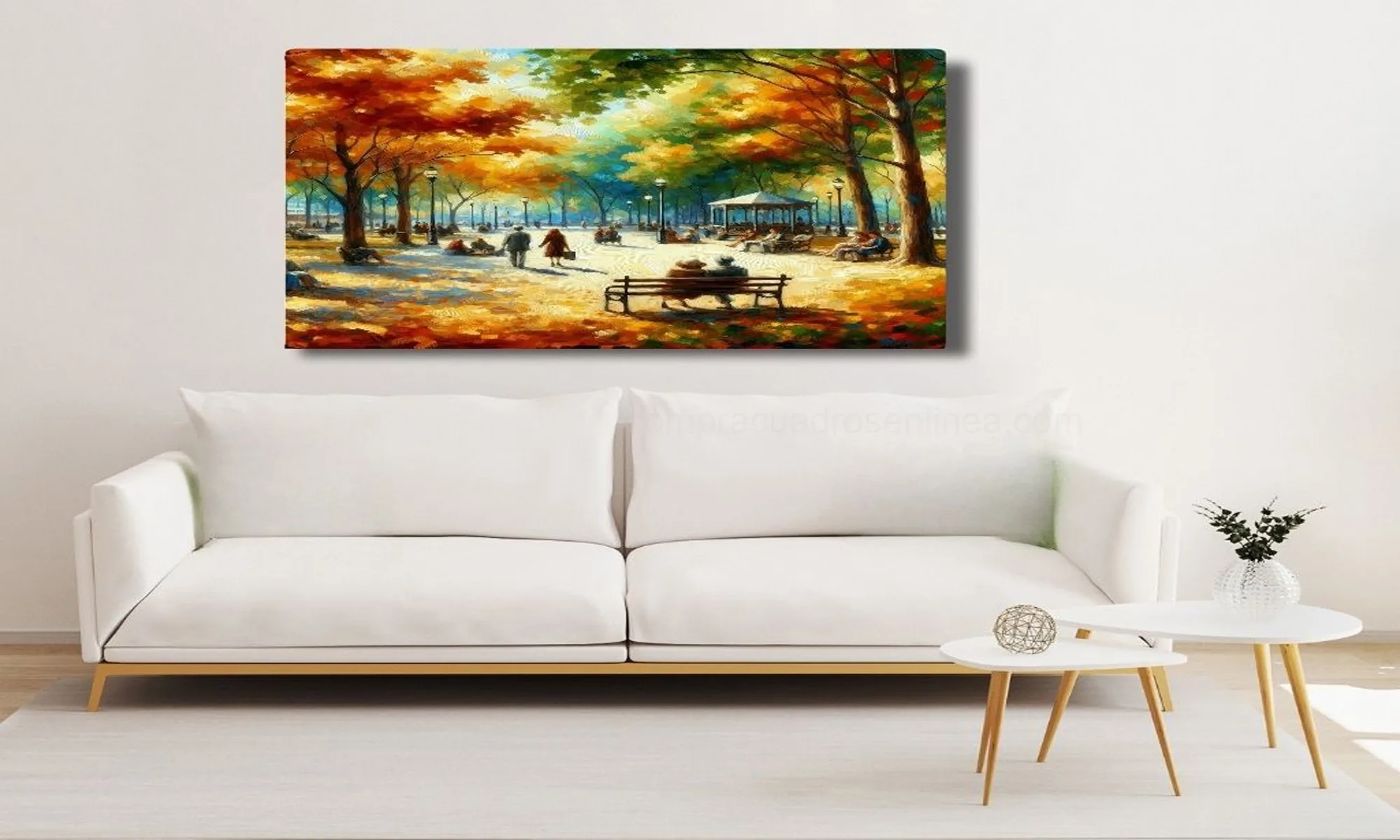 Cuadro Domingo en el Parque – Mockup en Ambiente Mockup de cuadro domingo en el parque con escena impresionista de otoño
