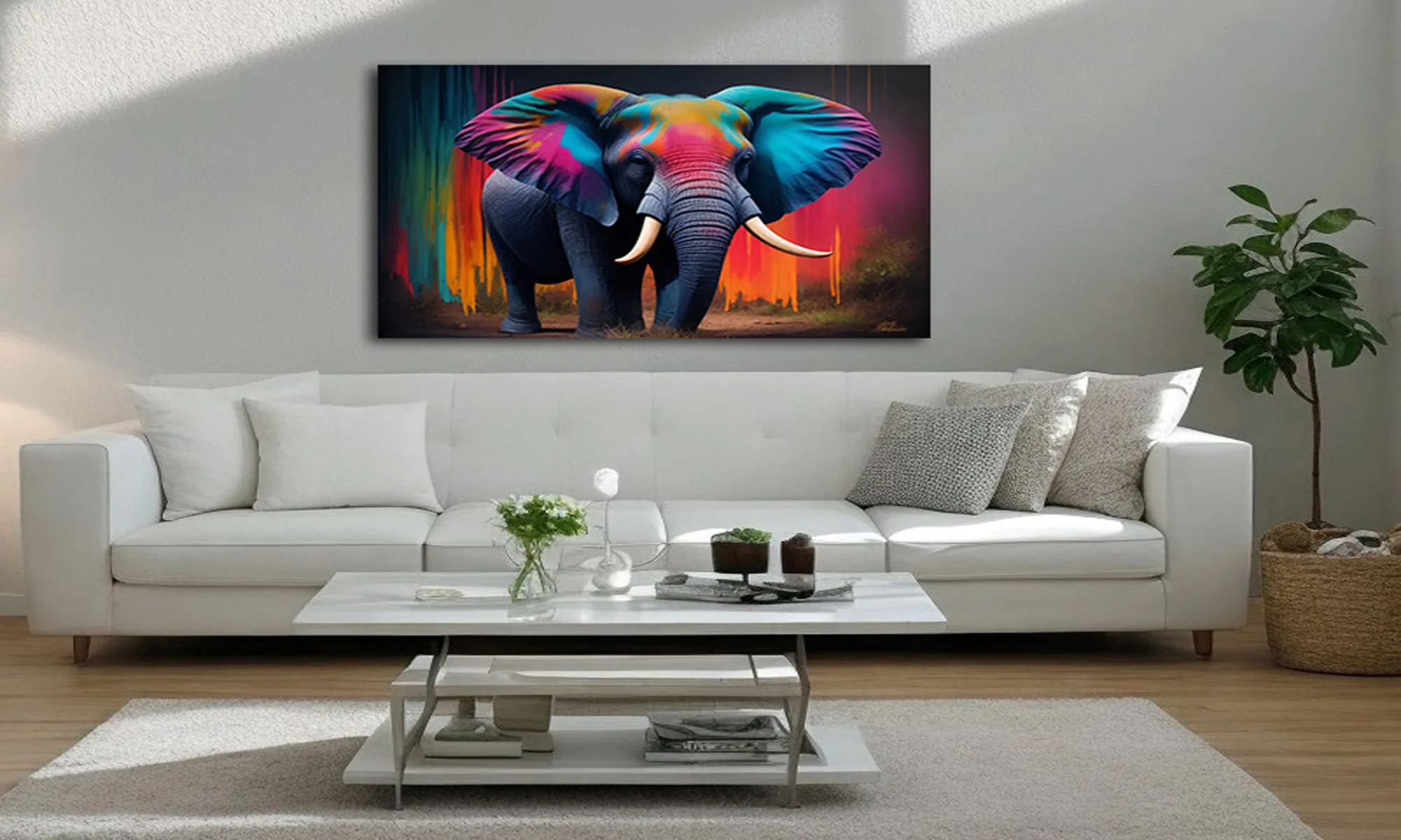 Mockup – Cuadro Elefante Pop Art Multicolor en Ambiente Mockup cuadro elefante pop art multicolor en ambiente