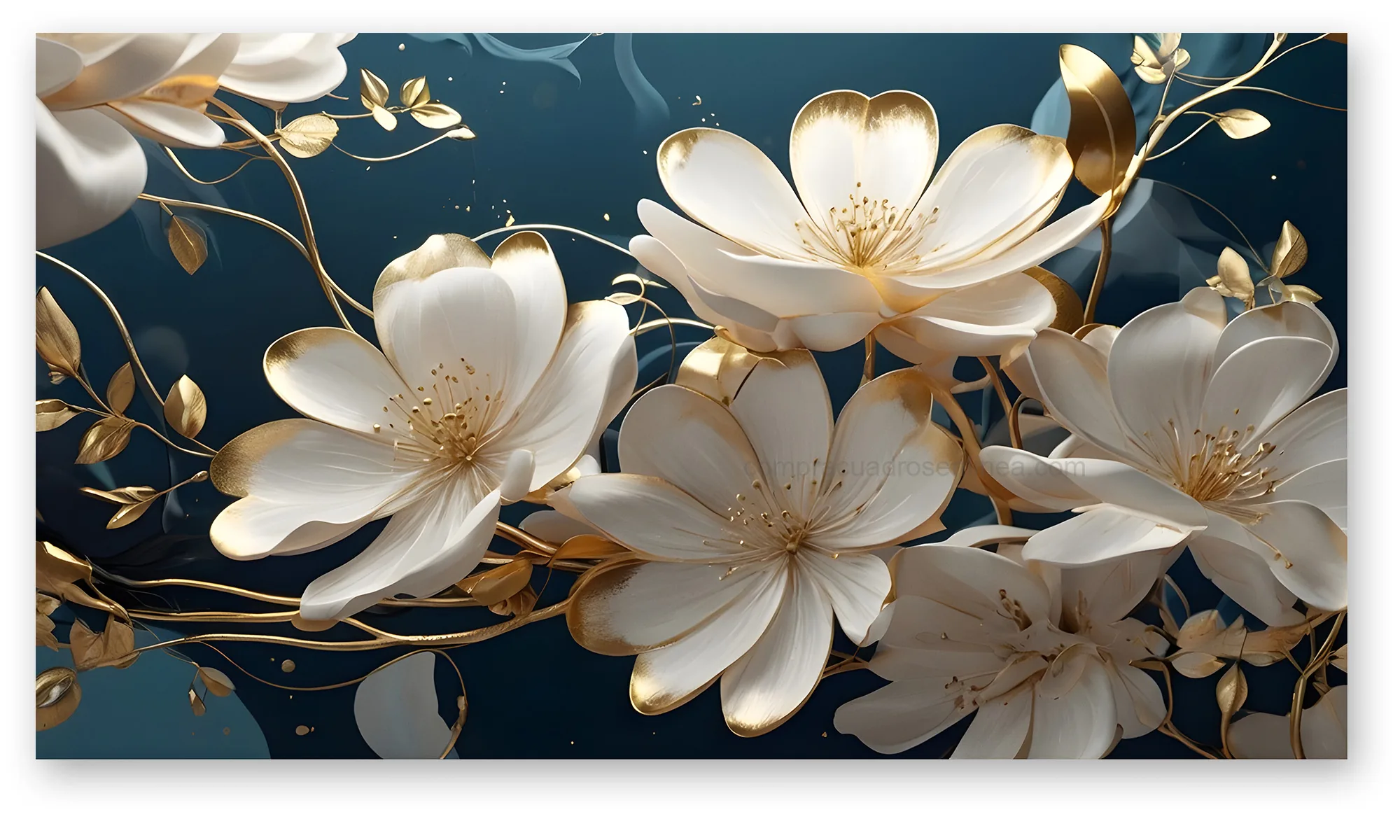Cuadro Flores Blancas y Doradas Fondo Azul uadro flores blancas y doradas fondo azul en lienzo