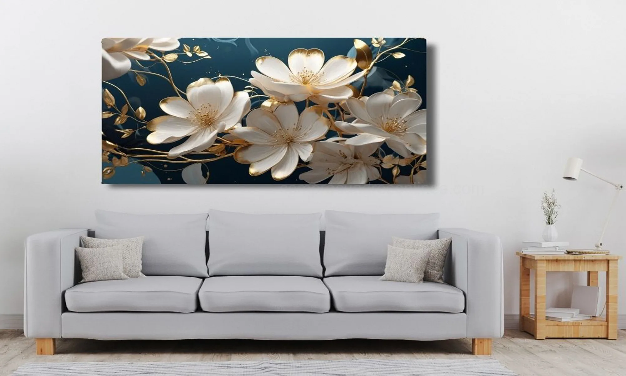 Cuadro Flores Blancas y Doradas en Sala cuadro flores blancas y doradas en ambiente elegante