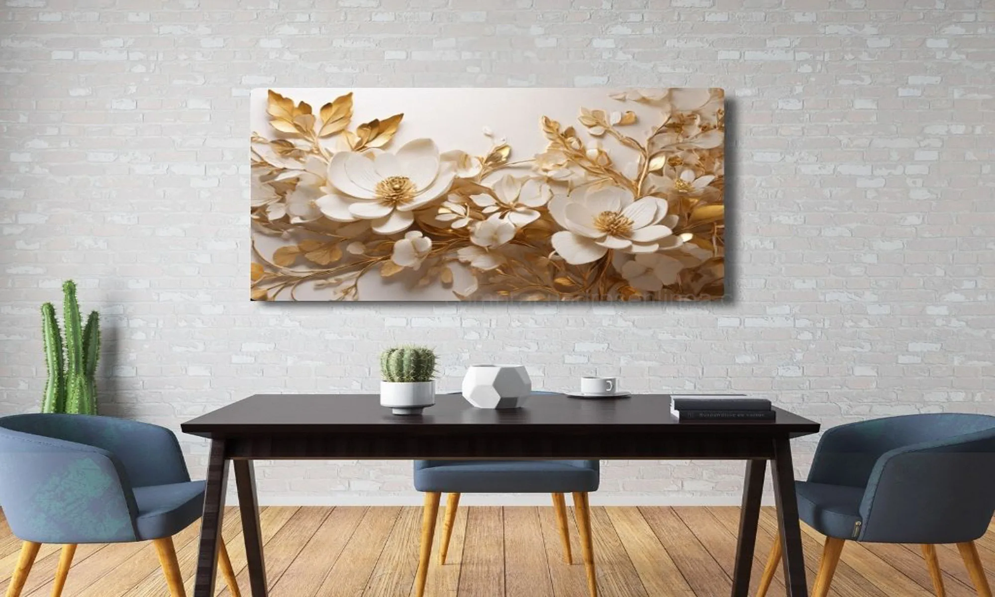 Mockup – Cuadro Flores Blancas y Doradas Minimalista en Ambiente Mockup cuadro flores blancas y doradas minimalista en ambiente