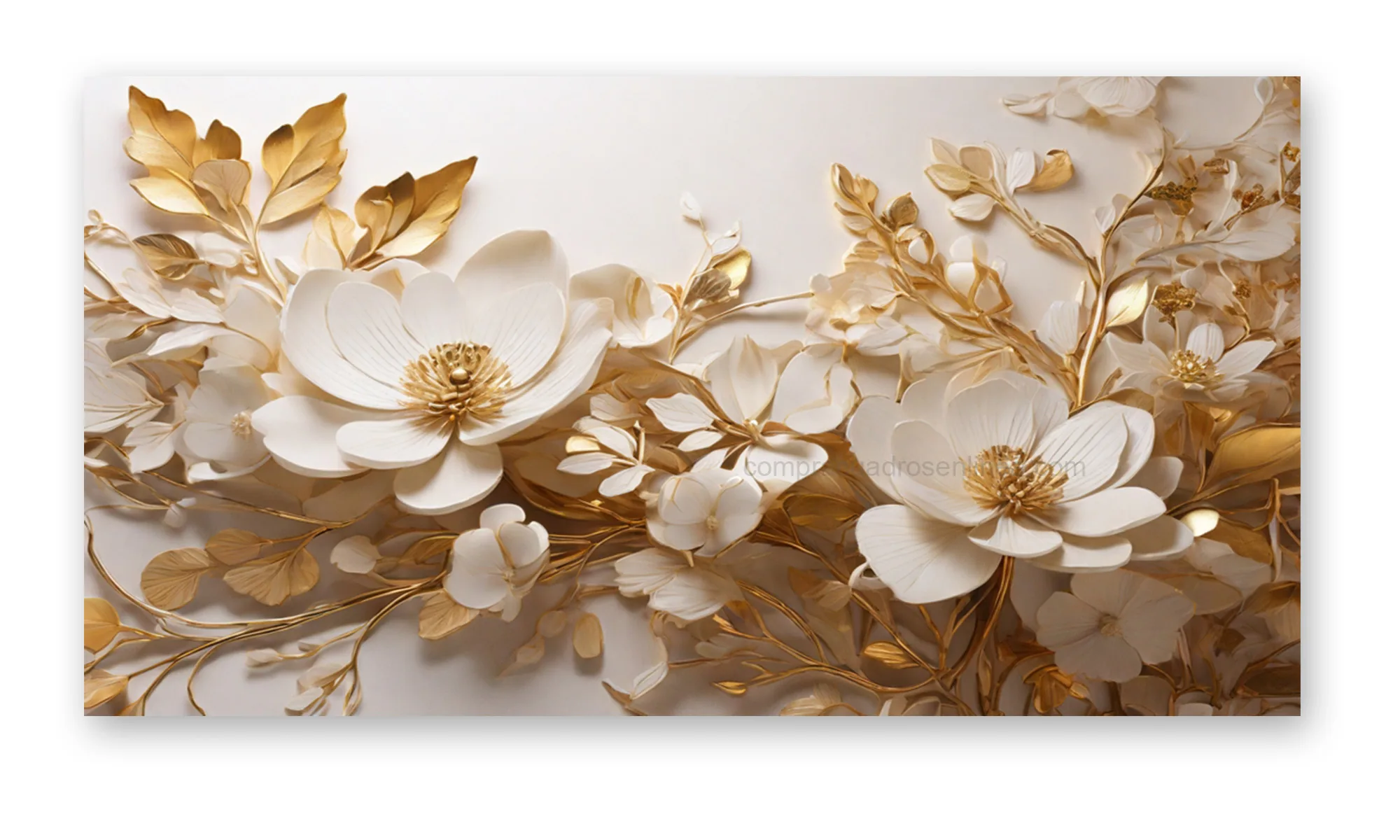 Cuadro Flores Blancas y Doradas – Minimalista Elegante en Lienzo Cuadro flores blancas y doradas minimalista elegante en lienzo