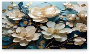 Cuadro flores blancas y doradas fondo azul profundo en lienzo