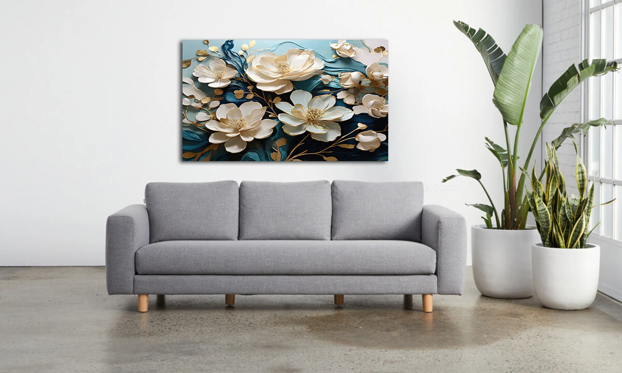 Mockup – Cuadro Flores Blancas y Doradas Fondo Azul en Ambiente Mockup cuadro flores blancas y doradas fondo azul en ambiente