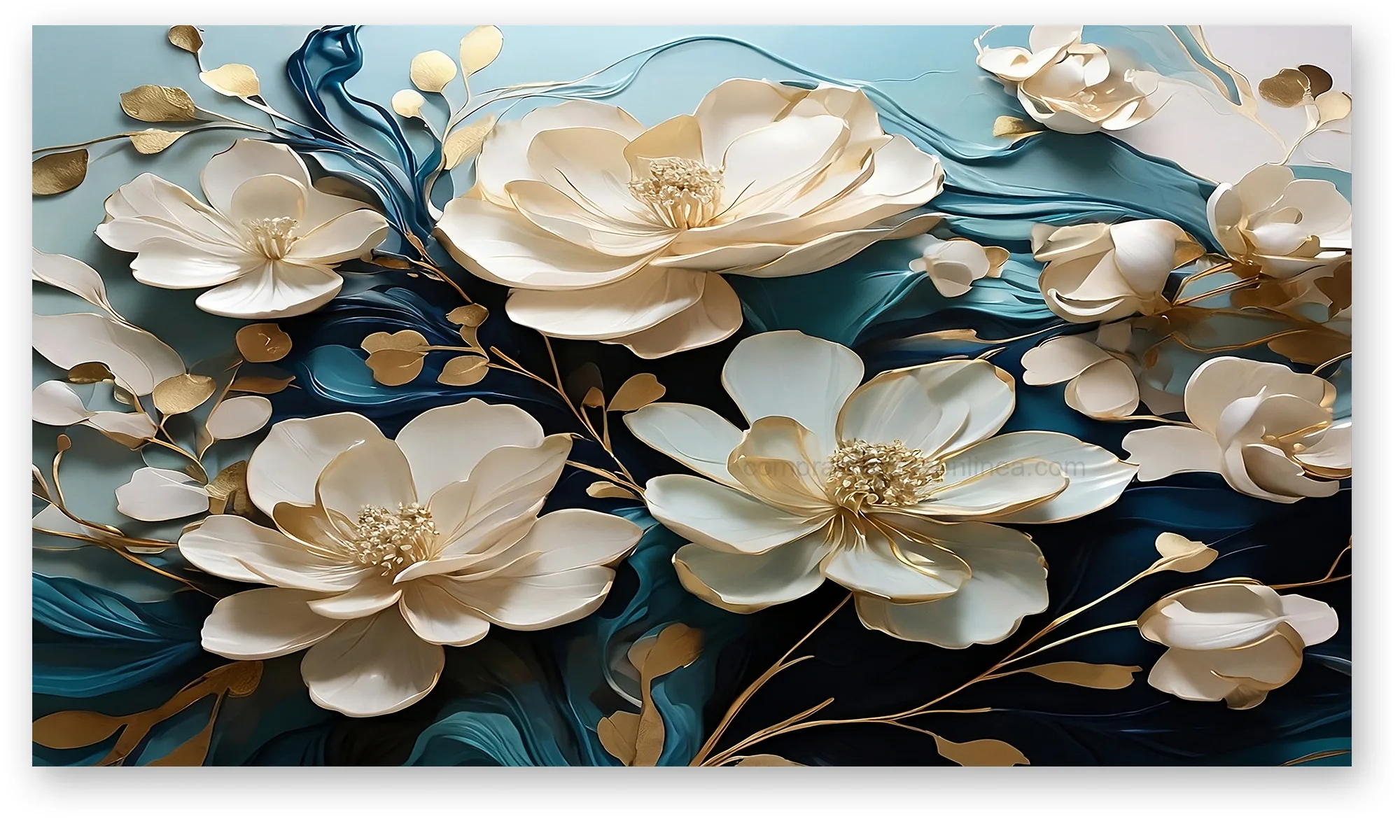 Cuadro Flores Blancas y Doradas – Fondo Azul Profundo en Lienzo Cuadro flores blancas y doradas fondo azul profundo en lienzo