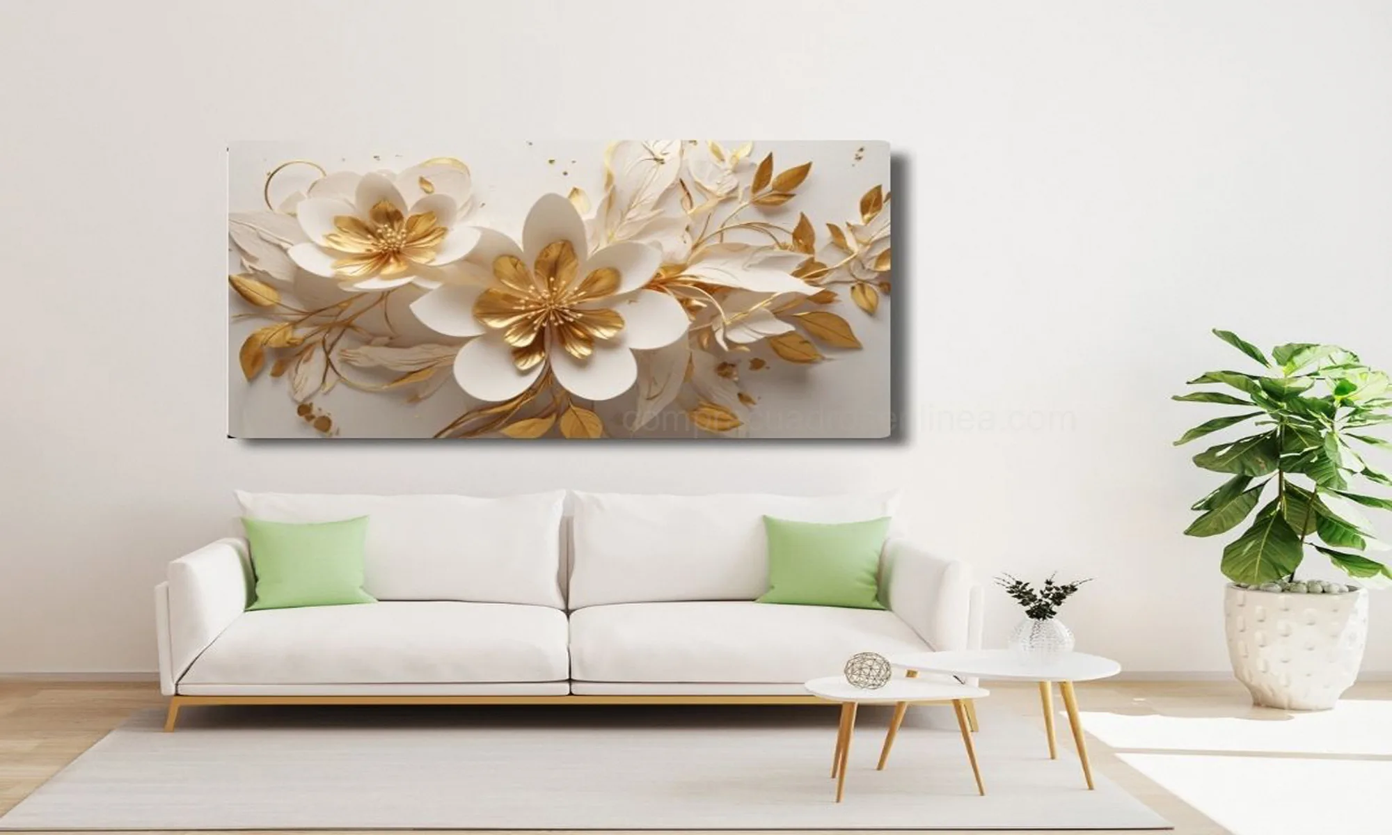 Cuadro Flores Blancas con Detalles Dorados – Mockup en Ambiente Mockup de cuadro de flores blancas con detalles dorados, relieve elegante