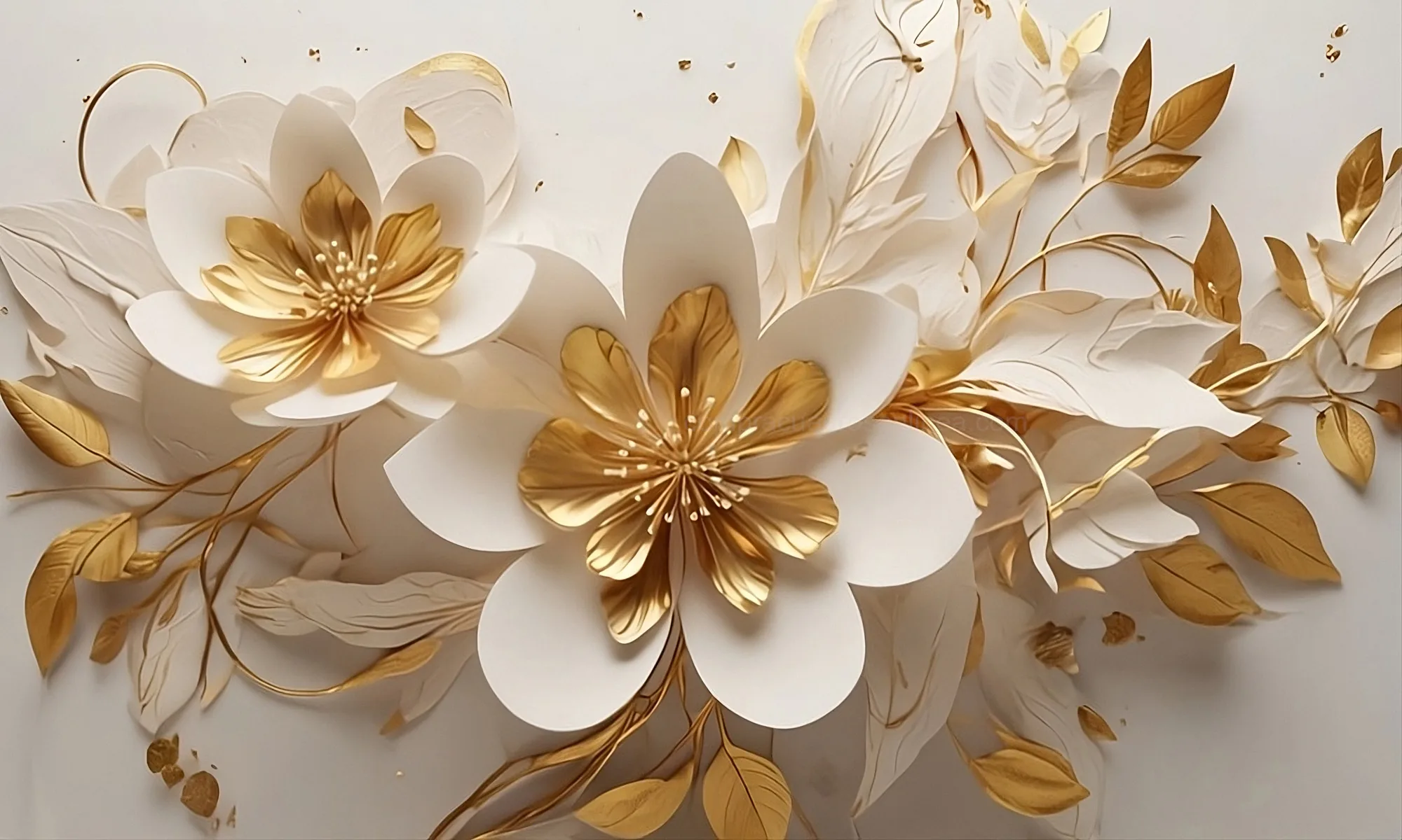 Cuadro Flores Blancas con Detalles Dorados – Relieve Elegante en Lienzo Cuadro de flores blancas con detalles dorados en relieve elegante, impresión en lienzo