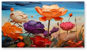 Cuadro de flores modernas en tonos azul y naranja en lienzo