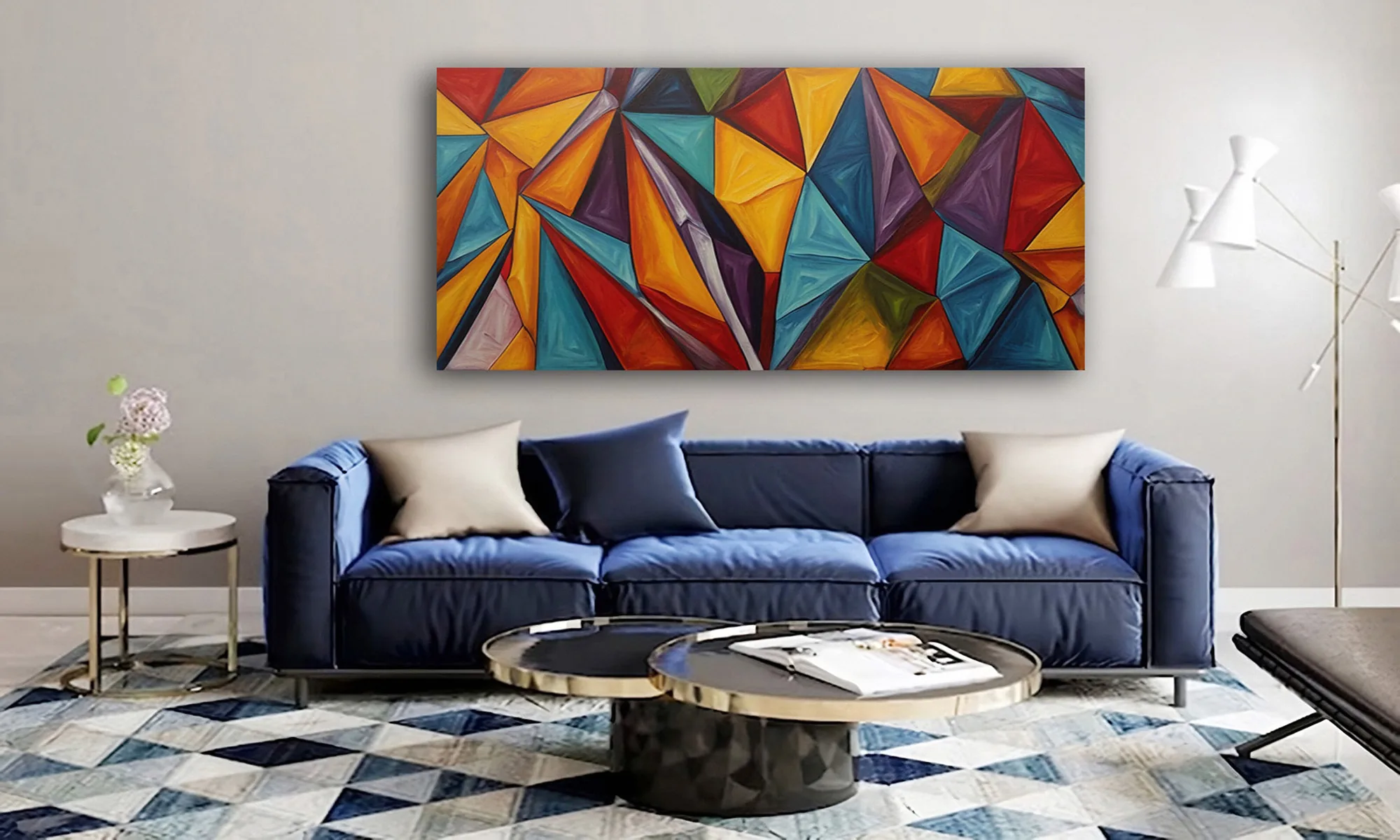 Cuadro Geometría Multicolor en Lienzo Mockup Mockup del cuadro geometría multicolor en lienzo en ambiente decorativo. CompraCuadrosEnLinea.