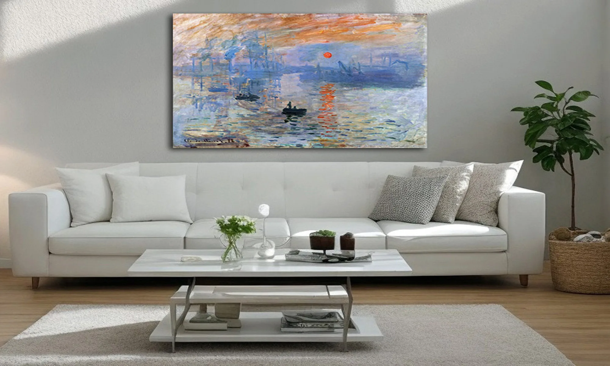 Mockup – Cuadro Impresión, sol naciente (Claude Monet) en ambiente Mockup cuadro Impresión, sol naciente Claude Monet en lienzo