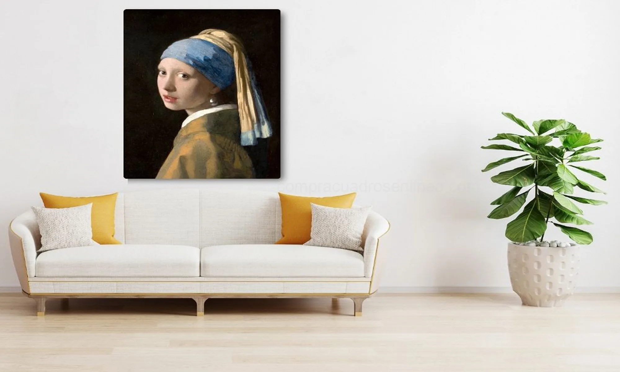 Cuadro La Joven de la Perla de Vermeer – Mockup Ambiente Mockup ambiente del cuadro La Joven de la Perla de Vermeer en lienzo