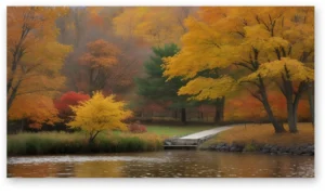 Cuadro lago en otoño bosque colorido y agua tranquila en lienzo