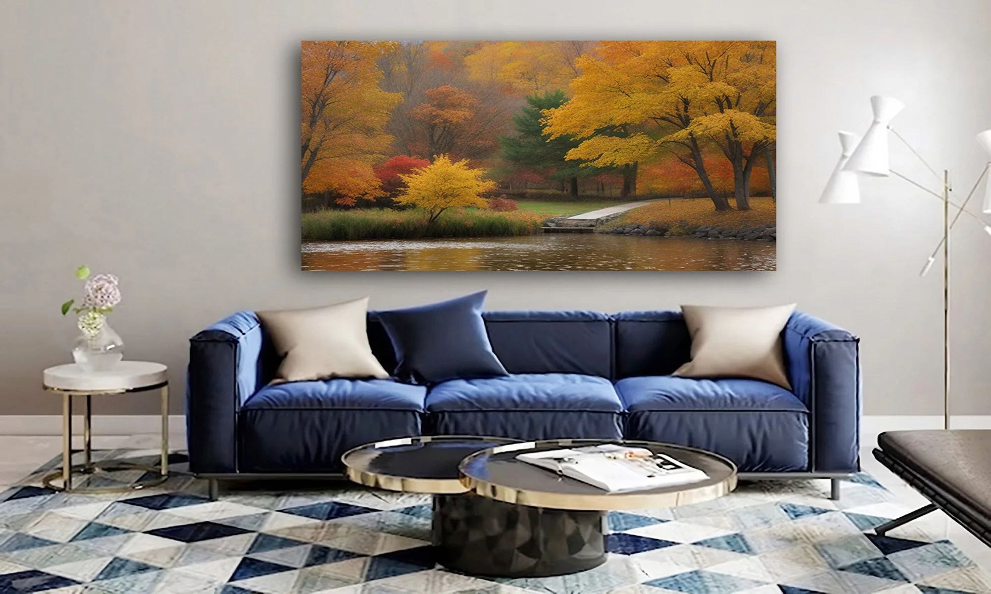 Mockup – Cuadro lago en otoño bosque colorido y agua tranquila en ambiente Mockup cuadro lago en otoño bosque colorido y agua tranquila en lienzo