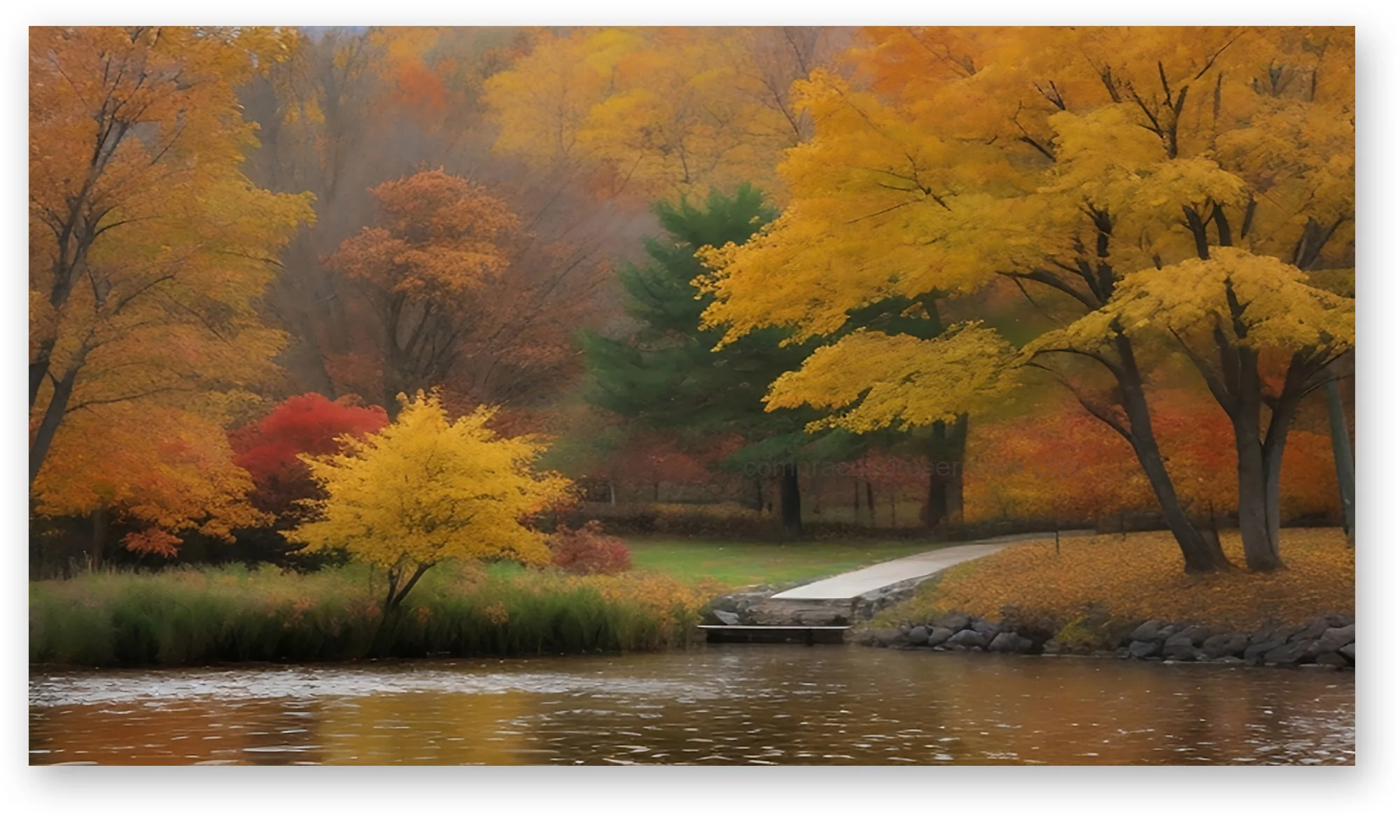 Cuadro lago en otoño bosque colorido y agua tranquila en lienzo Cuadro lago en otoño bosque colorido y agua tranquila en lienzo