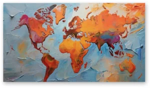 Cuadro mapa del mundo abstracto tonos naranja y azul en lienzo