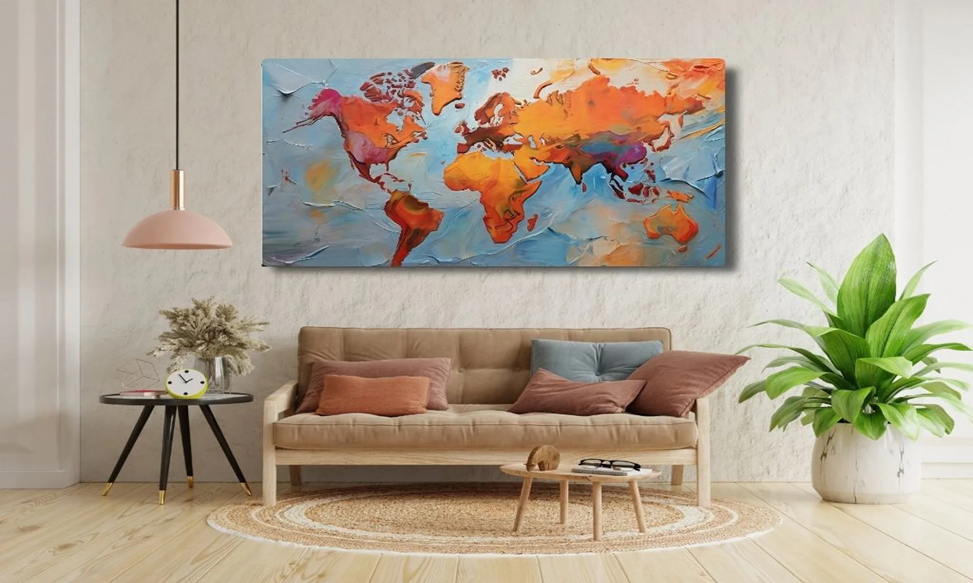 Mockup – Cuadro mapa del mundo abstracto tonos naranja y azul en ambiente Mockup cuadro mapa del mundo abstracto tonos naranja y azul en lienzo