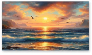 Cuadro mar al atardecer reflejo dorado y olas en lienzo