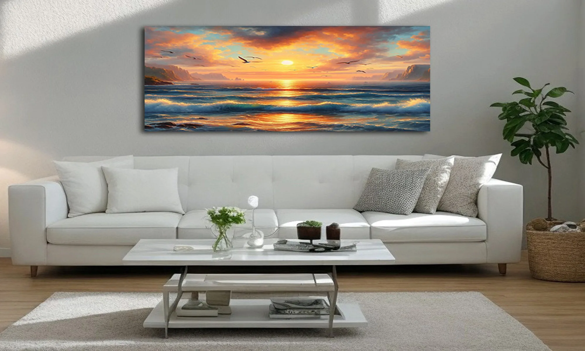 Mockup – Cuadro mar al atardecer reflejo dorado y olas en ambiente Mockup cuadro mar al atardecer reflejo dorado y olas en lienzo