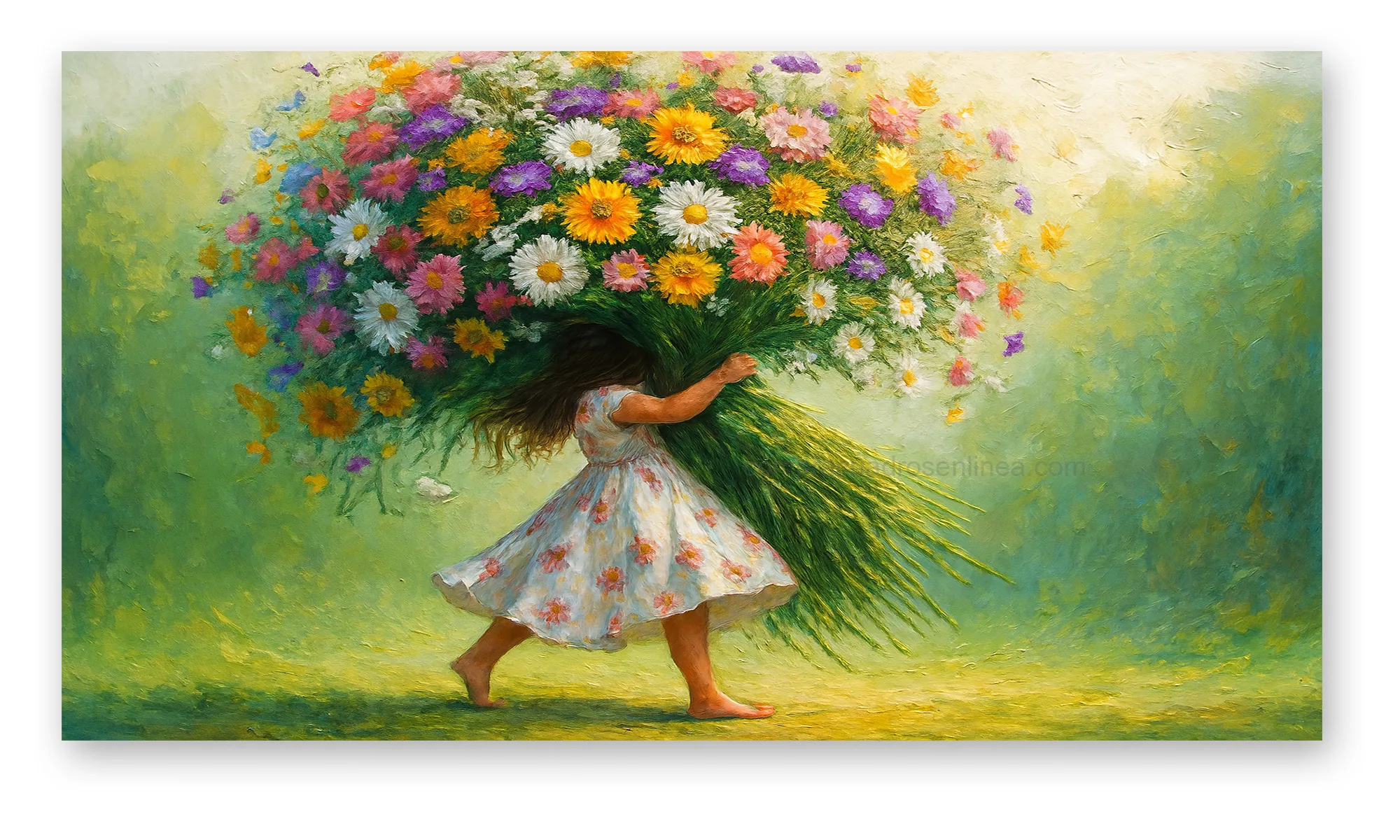 Cuadro nina con ramo de flores silvestres en ambiente decorativo Cuadro nina con ramo de flores silvestres en ambiente decorativo