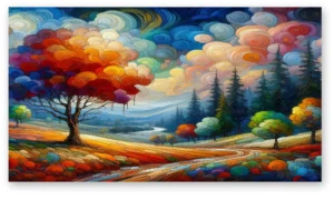 Paisaje bosque colorido camino y río en lienzo