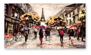 Cuadro París en acuarela con calle y paraguas en lienzo decorativo