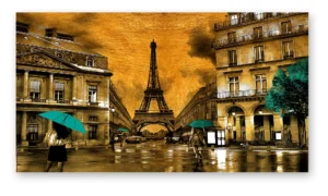 Cuadro París Torre Eiffel con paraguas turquesa en lienzo decorativo