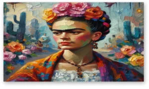 Cuadro Retrato Colorido Estilo Frida Kahlo con Flores en Lienzo