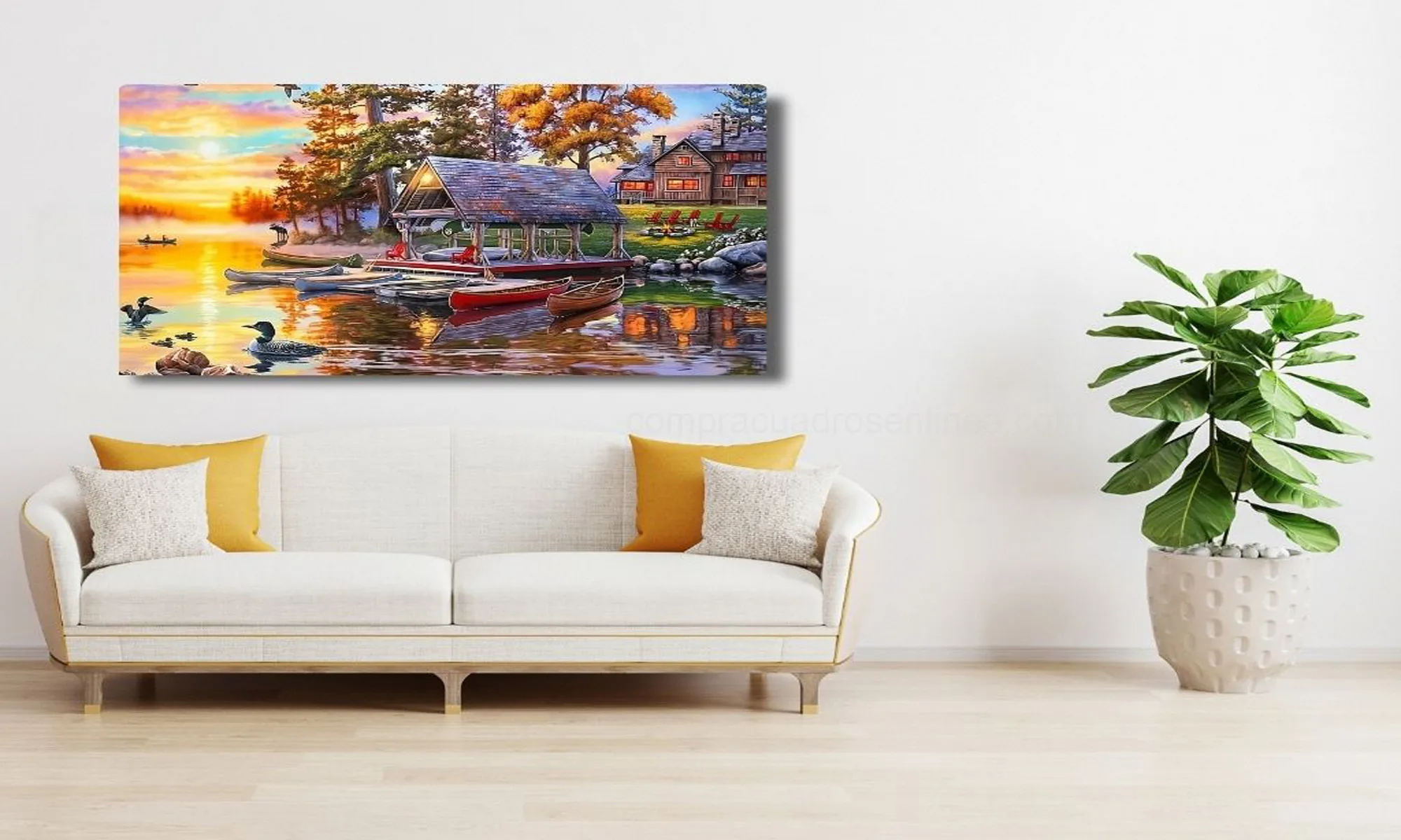 Cuadro valle sereno con rio y flores en ambiente decorativo Cuadro valle sereno con rio y flores en ambiente decorativo