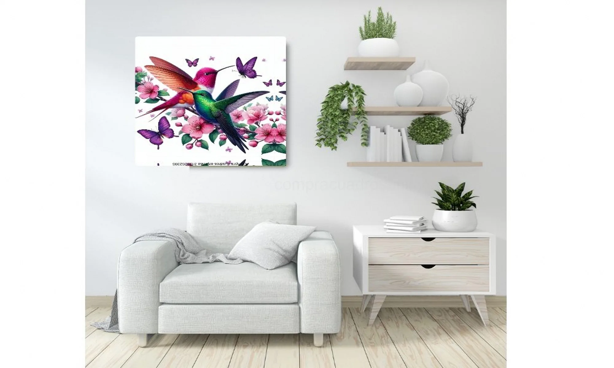 Cuadro Colibríes y Mariposas sobre Flores Rosas – Mockup en Ambiente Mockup de cuadro de colibríes y mariposas sobre flores rosas, estilo delicado